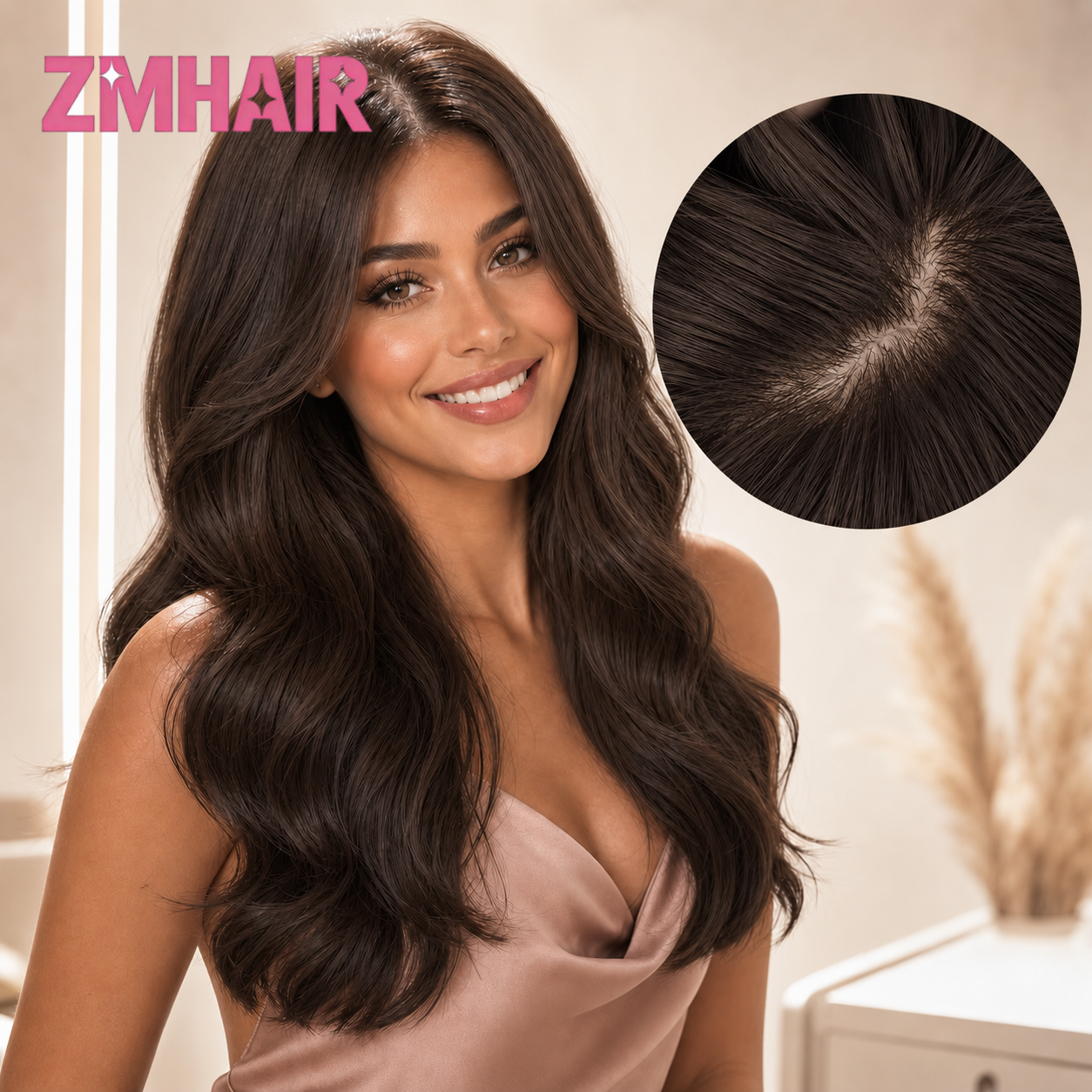 6*6 Natural Body Wave 2 #   Parrucca in Seta Marrone Scuro con Base in Seta, 100% Capelli Umani Veri, Protesi Annodata a Mano, Densità 180%, Baby Hair, Bordo in PU