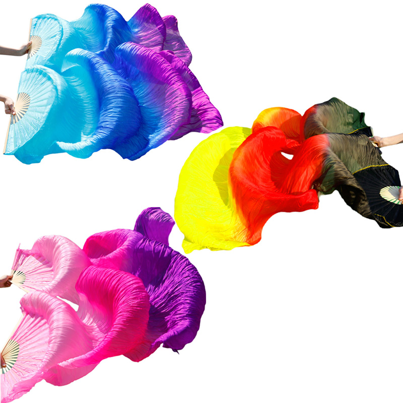 Abanico de danza del vientre 100% velos de seda auténtica 1 pieza mano izquierda + 1 pieza mano derecha bambú hecho a mano color teñido práctica de rendimiento abanicos de baile