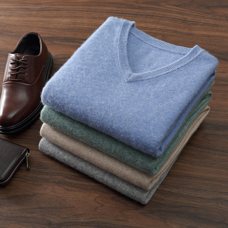 Outono/inverno novo masculino 100% pulôver de caxemira negócios casual sólido camisola de malha solta com decote em v topos básico grosso quente jumper