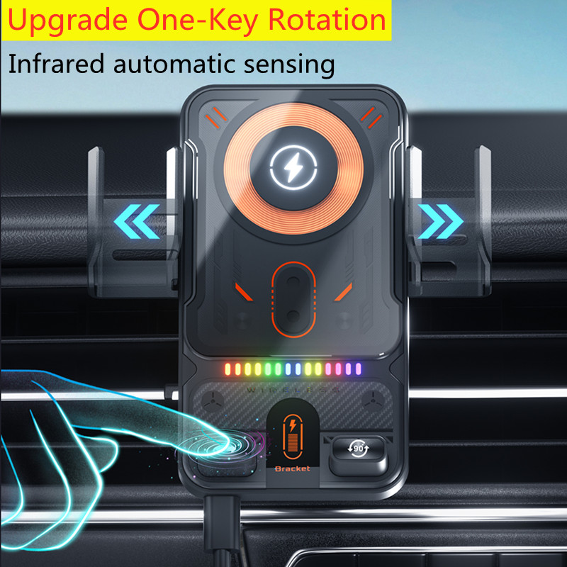Supporto per telefono con apertura rotante elettrica per presa d'aria Unicersal per auto Caricatore wireless da 15 W Smart Phone a doppia bobina Ricarica rapida