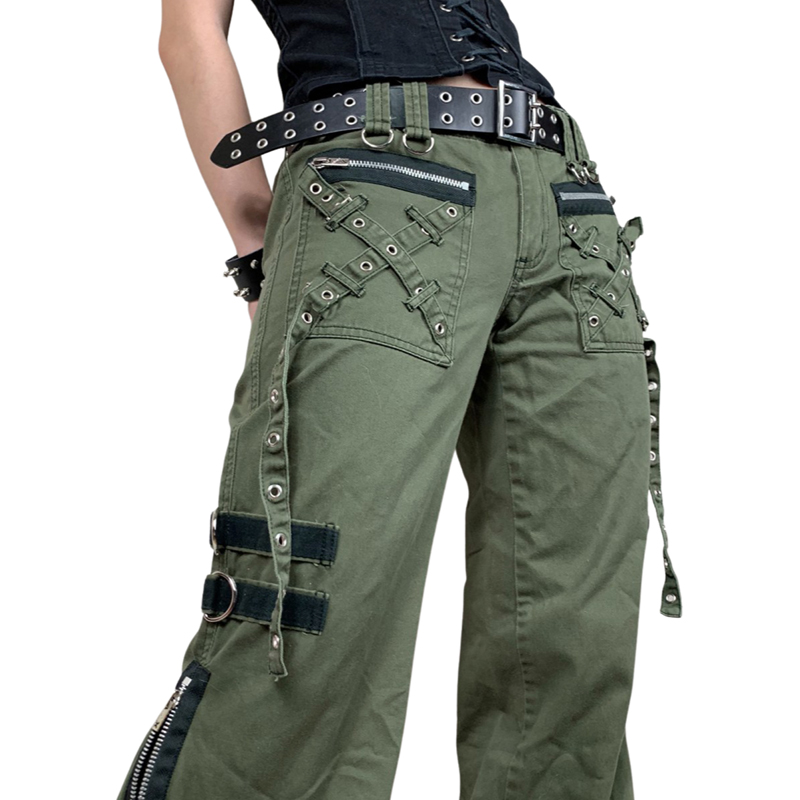 Women s Goth Baggy Jeans Y2K High Waisted Strap Buttoned Stripe Long Pants E-Girls Grunge Harajuku Pants Streetwear