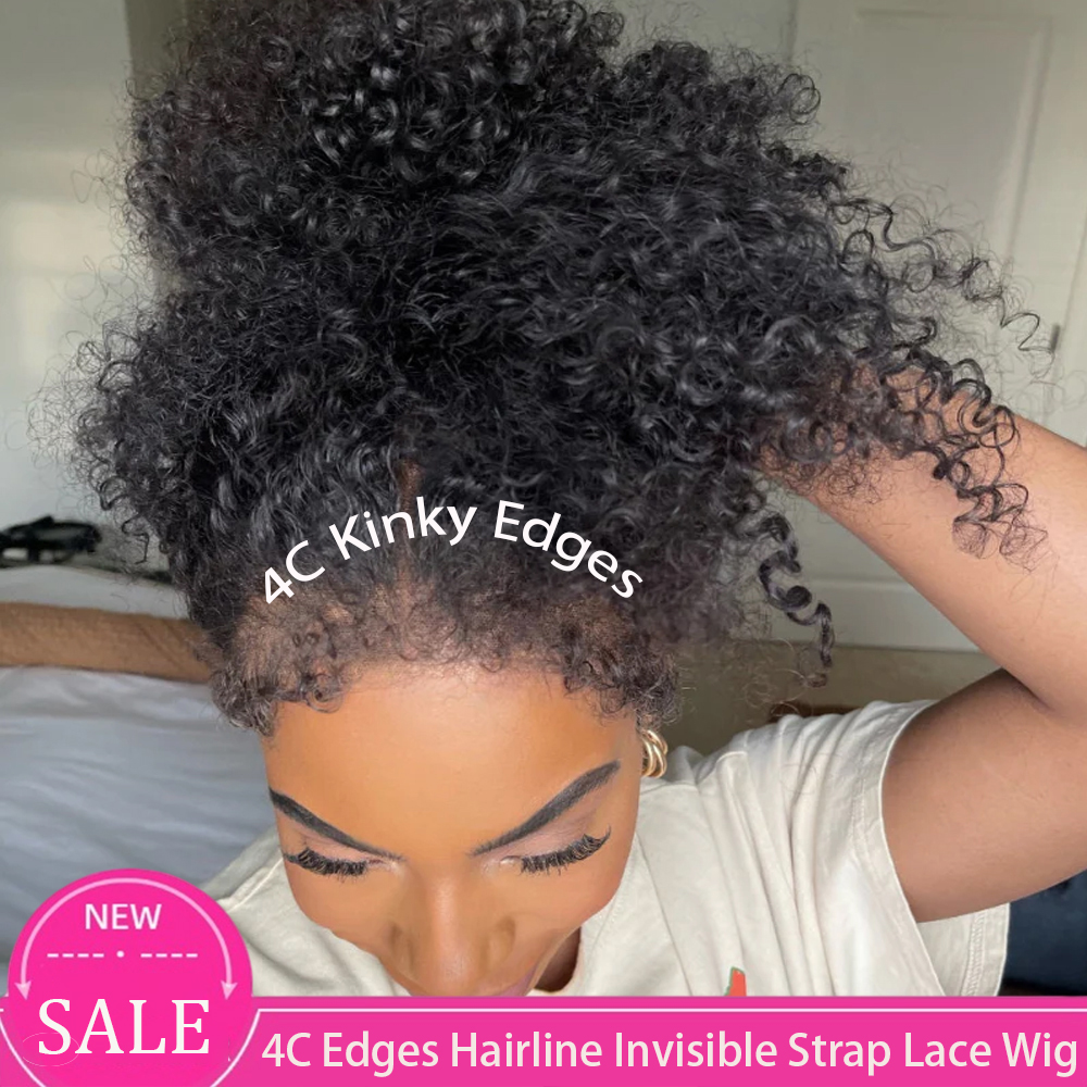 4C Kinky Edges Jerry Curly Human Hair Wig with Invisible Strap 360 HD Lace Full Frontal Glueless Wigs Natural Curly Baby Hair
