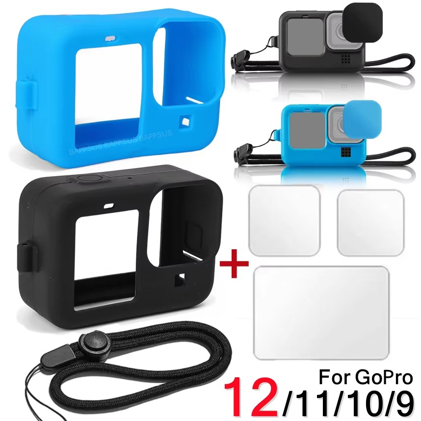 Para GoPro Hero 12 11 10 9 funda de silicona funda protectora cordón Protector de pantalla de vidrio templado tapa de lente para GoPro12 Pro11 10