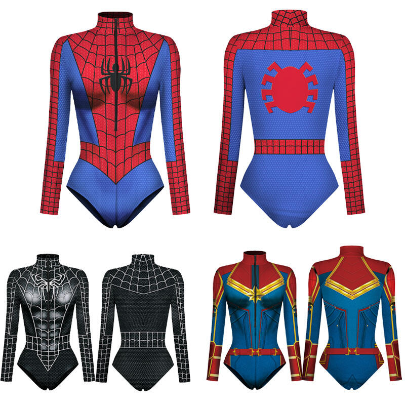 Mulheres spiderman maiô super-herói capitão marvel bodysuit anime pantera negra cosplay traje de manga longa roupas de halloween