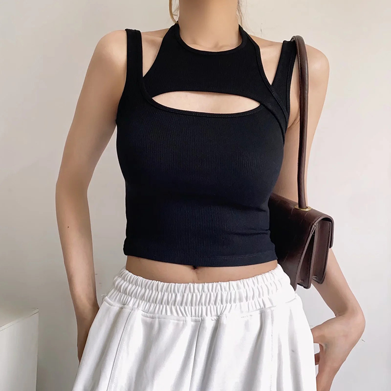 Asymetryczny krótki top y2k E-girl Hollow Out Dzianinowy gorsetowy top bez rękawów O Neck Mini kamizelka Basic Casual Sporty Summer