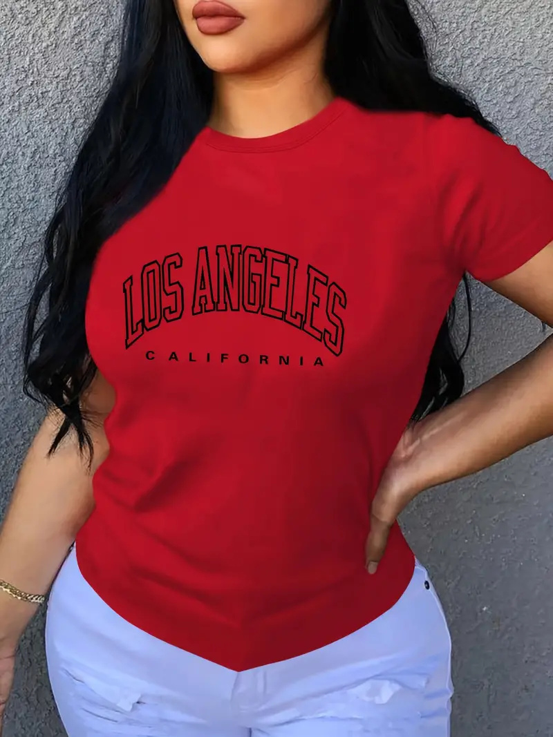LOS ANGELES T-shirt z okrągłym dekoltem i nadrukiem w kształcie litery, luźne, modne letnie koszulki z krótkim rękawem, odzież damska