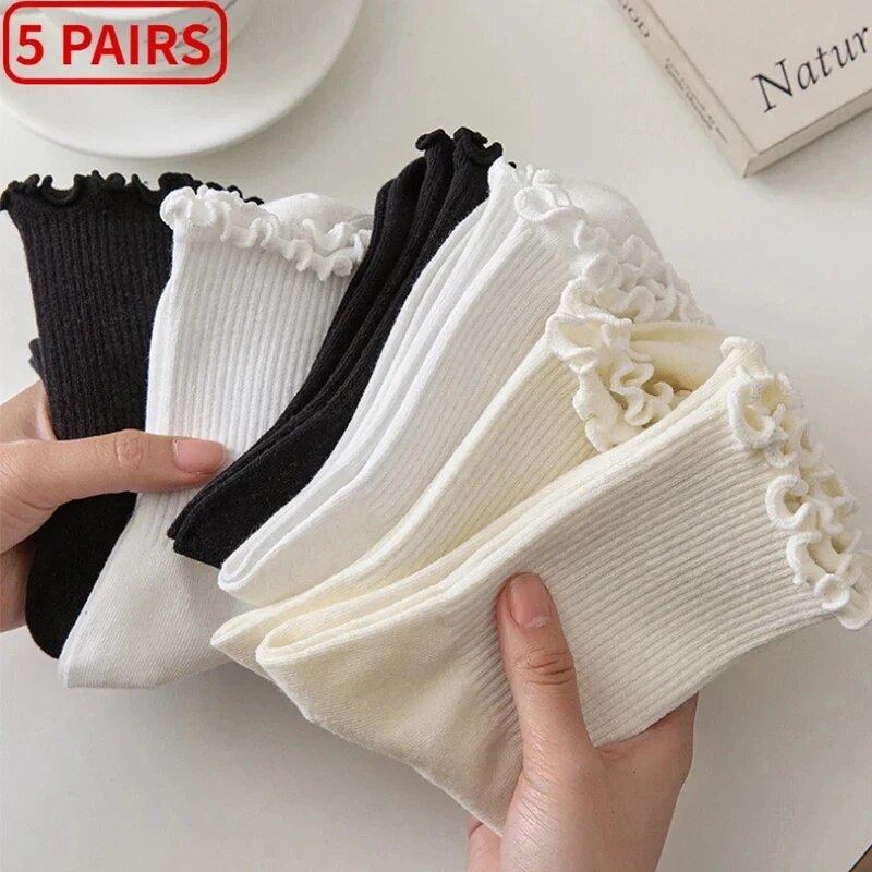Chaussettes Courtes Respirantes pour Femme, Tube Moyen à Volants, Ensemble Noir et Blanc, Printemps et Automne, Lot de 5 /10 Paires