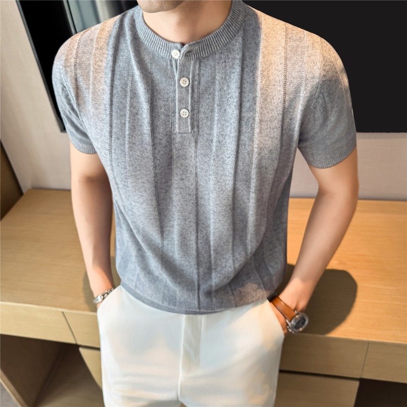 T-shirt Estiva da Uomo in Misto Lino con Colletto Henley, Traspirante, a Maniche Corte, Lavorata a Maglia, Casual, Elegante, per Business e Social 2026