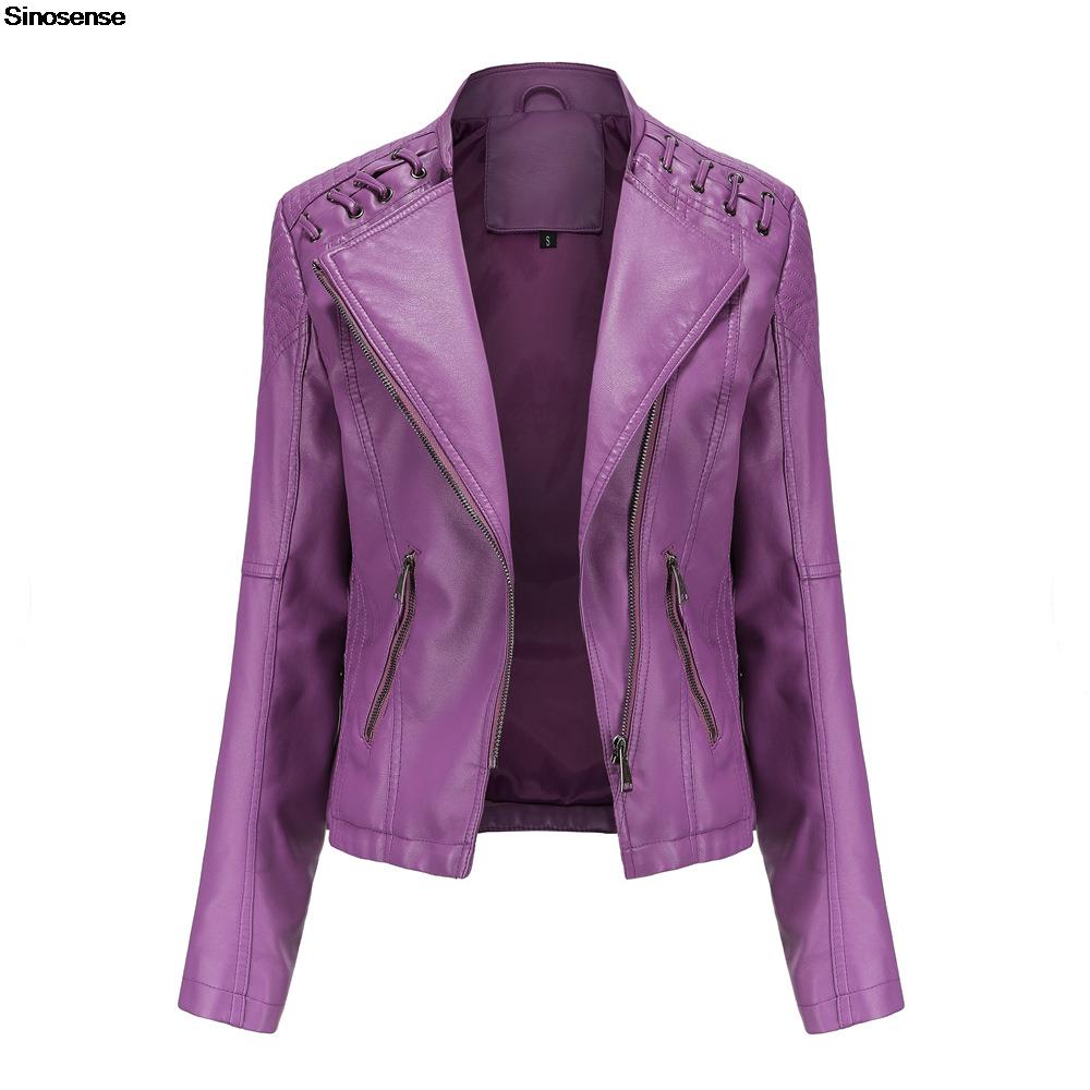 Jaqueta de couro PU falso feminino, casaco de motociclista, zíper fino, outerwear locomotiva, roxo, primavera, outono, novo, 4XL