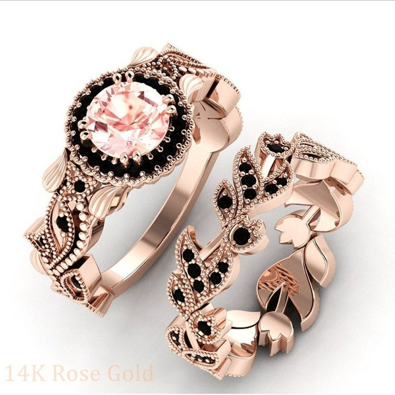 Ensemble de matiques de mariage exquises en or rose, fleur vintage incrustée de vigne, champagne, charbon, document noir, Zcomprend sur bague, 2 pièces par ensemble