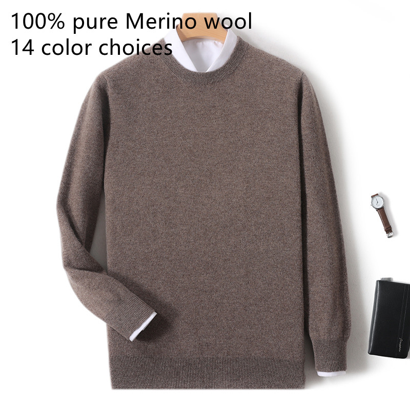 Męski sweter z okrągłym dekoltem, 100% czysta wełna merino, jednolity kolor, plus size, casualowy, jesienno-zimowy, sportowy, kaszmirowy top, 2025