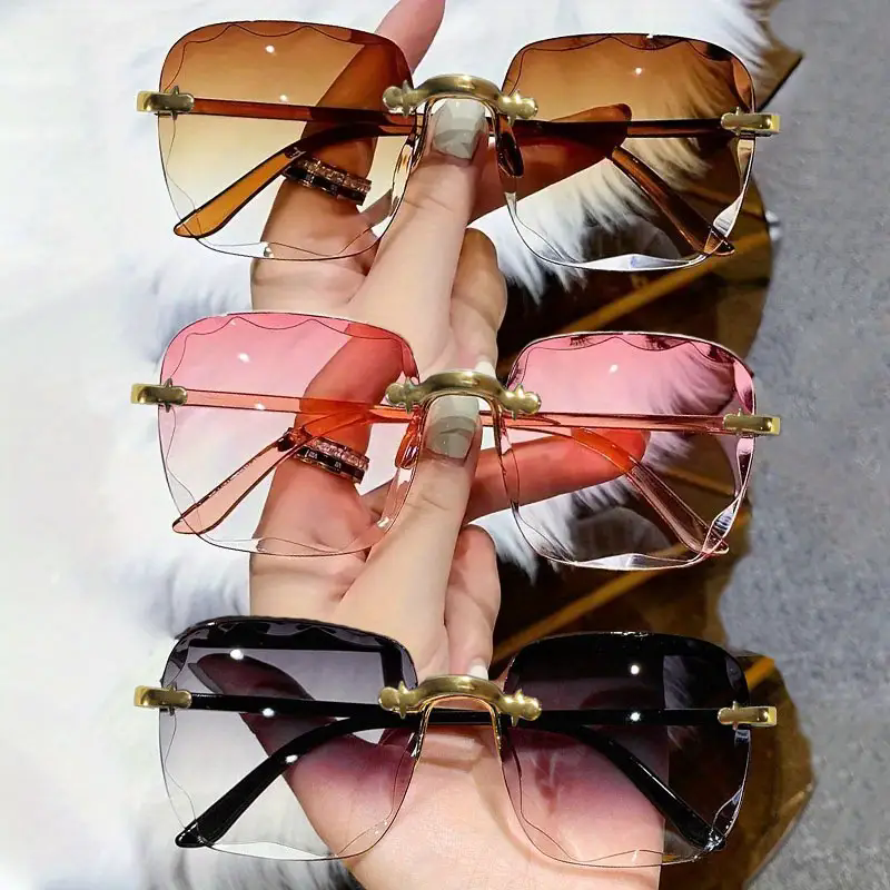 Lunettes de soleil carrées sans monture pour femmes et hommes, marque de luxe, styliste, été, rouge, mode, UV400, 3 pièces
