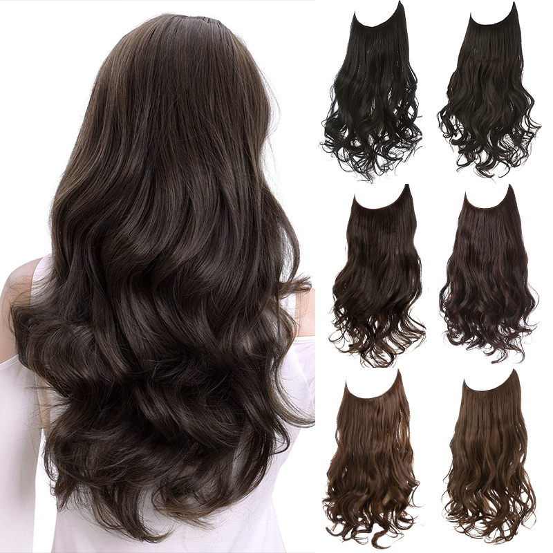 Hochwertige synthetische Haarverlängerungen mit unsichtbarem Draht, keine Clips, Haarteile, langes, natürliches, gewelltes Haarteil, Kunsthaar für Frauen
