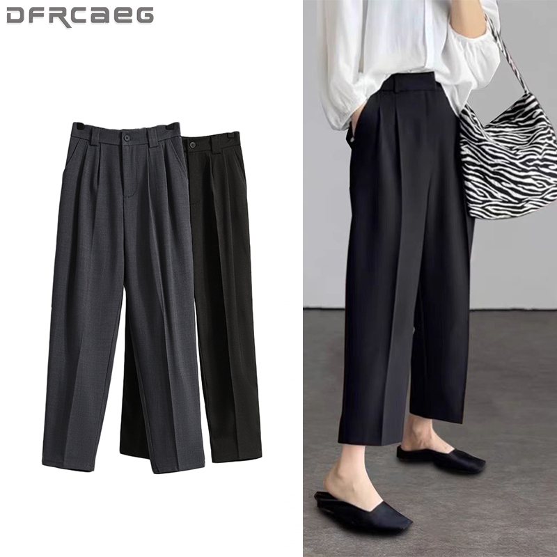 Calças plus size para mulheres primavera verão 2025 nova moda coreana calças de terno de cintura alta feminino cinza ou preto calças casuais femininas