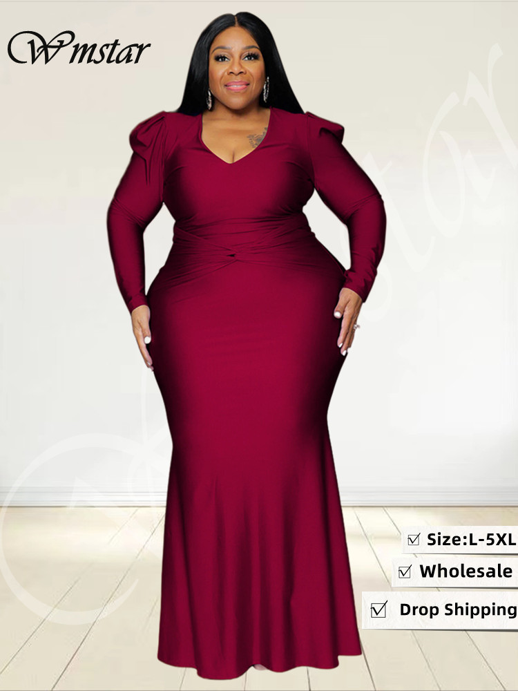 Wmstar-vestidos de fiesta de talla grande para mujer, vestido largo ajustado de manga larga con cuello de pico, vestido largo de noche elegante, venta al por mayor, triangulación de envíos