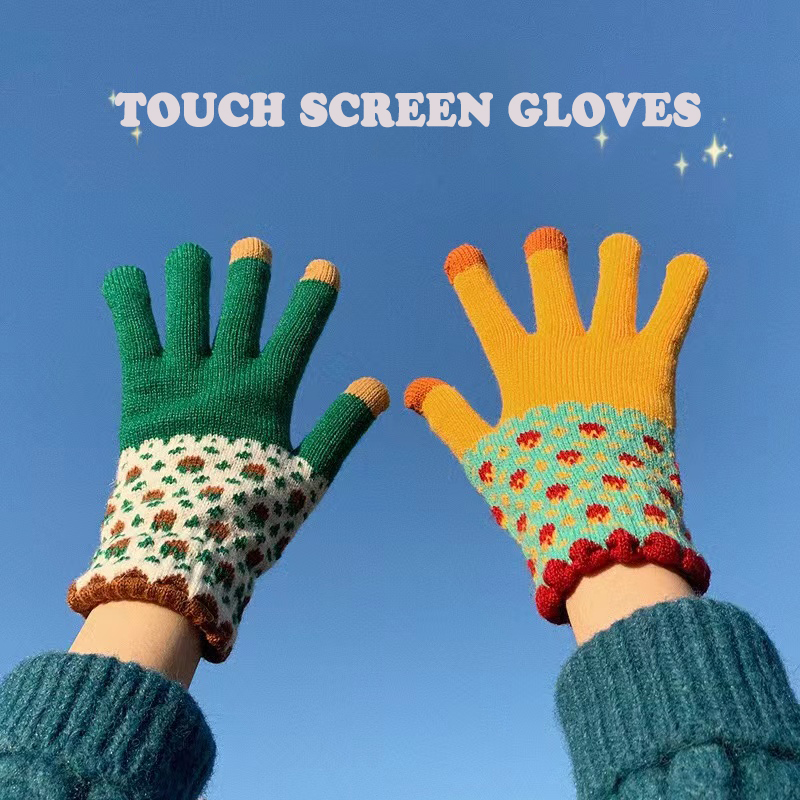 Guantes de mano tejidos con flores coloridas Vintage para mujer y niña, guantes cálidos de lana gruesa con pantalla táctil, manoplas a prueba de viento para esquiar en invierno