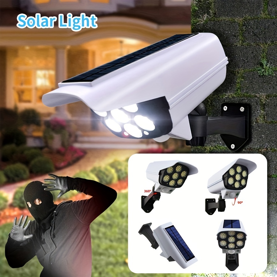 77 LED capteur de mouvement extérieur lumières solaires projecteur étanche sans fil factice leurre fausse caméra de sécurité pour porche jardin Patio