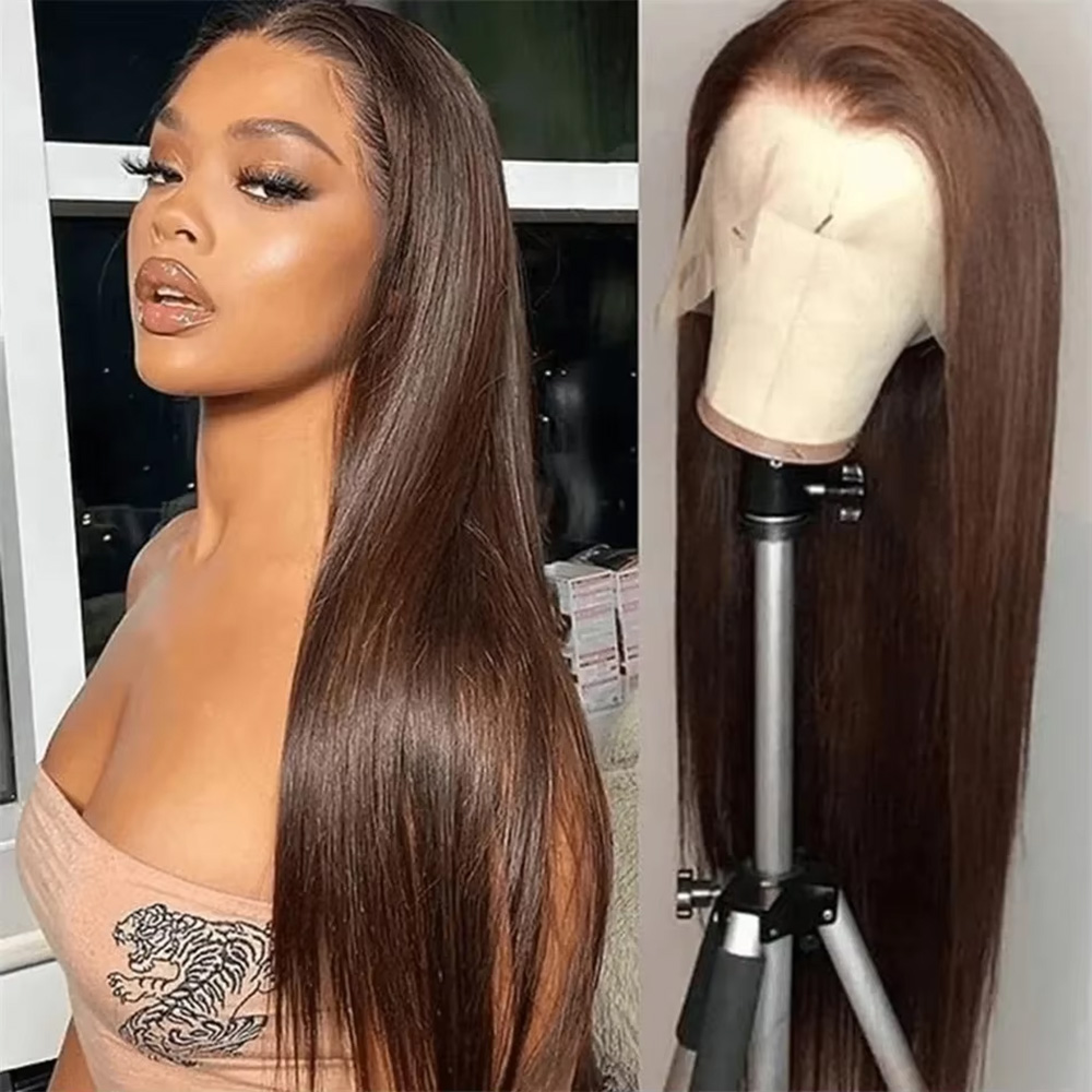 # Peluca de cabello humano liso marrón Chocolate de 4 y 46 pulgadas, encaje Frontal HD 13x6, densidad 200, aspecto Natural prearrancado para mujeres