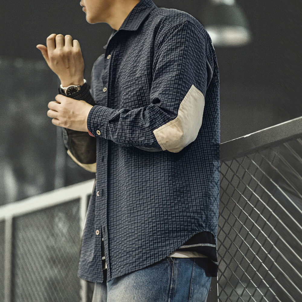 Maden-camisa de manga comprida xadrez retrô masculino, lapela texturizada, emenda, design de um único peito, outono