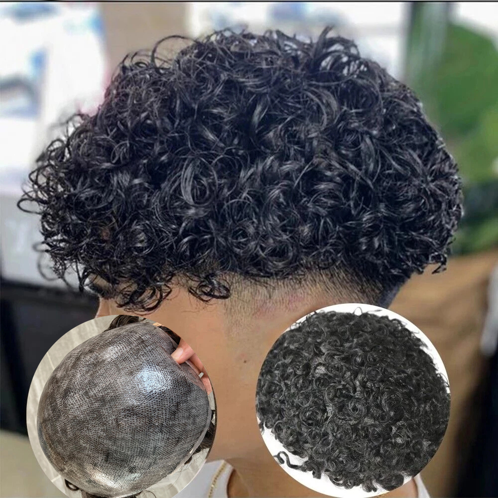 Toupet bouclé en PU pour homme, perruques de cheveux humains, remplacement capillaire, peau fine, super durable, brun, noir, gris, 20mm