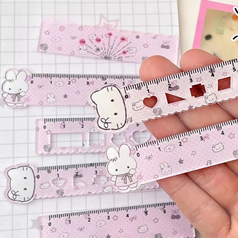 Conjunto de 5 Réguas Miniatura de Coelhinho Fofo, Estilo Coreano Ins, para Desenho e Medição, para Estudantes, Kawaii