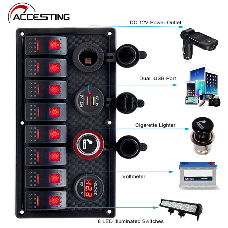 8-gniazdowy przełącznik kołyskowy Panel wyłącznika przeciążeniowego Woltomierz 12V 24V DC Port ładowarki USB RV Samochód Łódź Morska Niebieska dioda LED