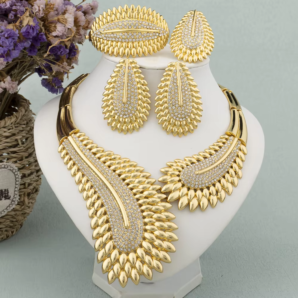 Trendy Kleurrijke Sieraden Set Voor Vrouwen Zirkoon Collor Oorbellen En Ketting Grote Vergulde Armband Ring Nieuwe Stijl Sieraden Gift