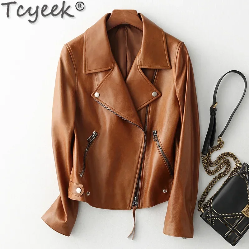 Tcyeek-女性のオートバイの革のジャケット,本物のシープスキンコート,ストリートウェア,秋の服,2021