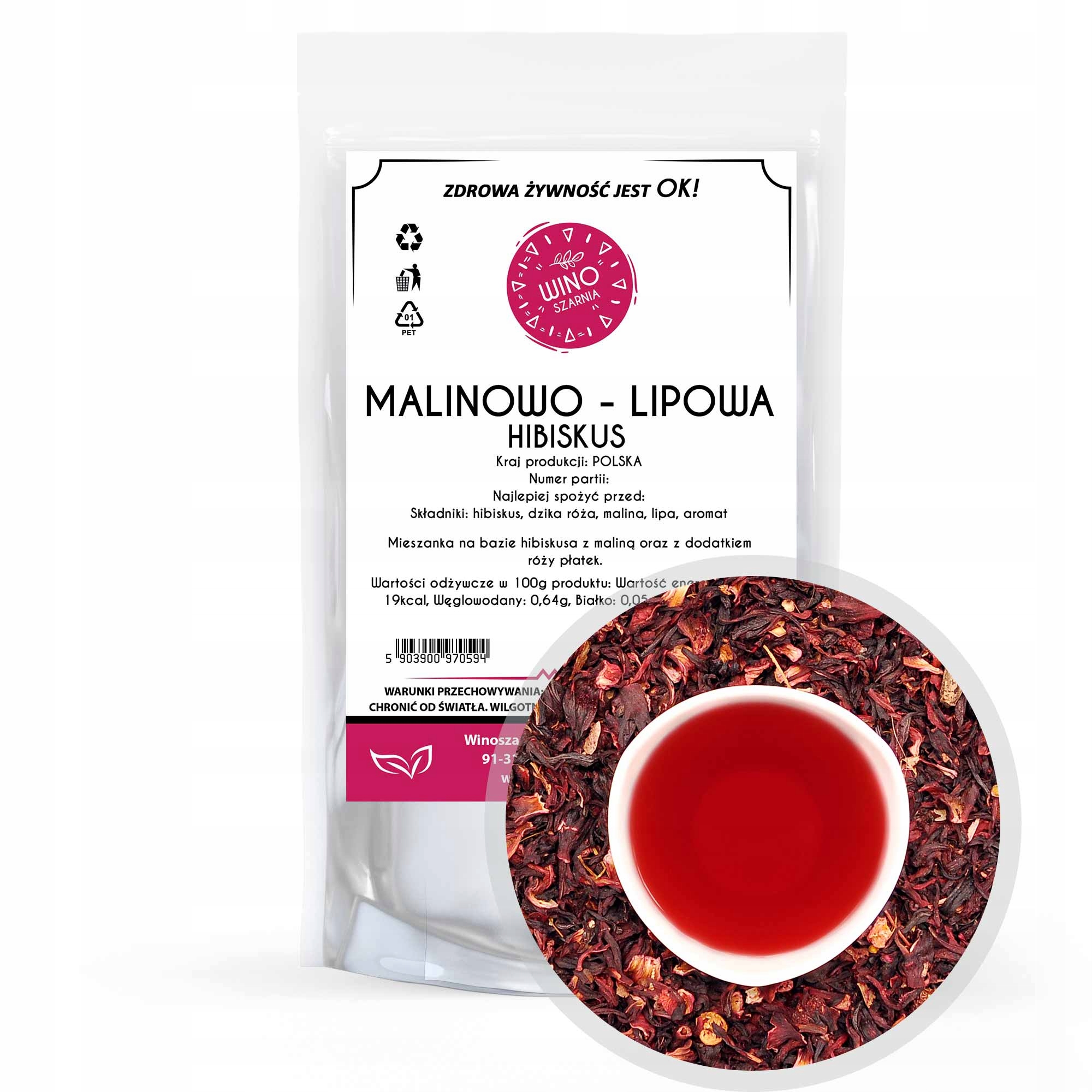 Herbata Malinowo Lipowo Hibiskus - 100g Kwiat Hibiskusa Mieszanka Smakowa
