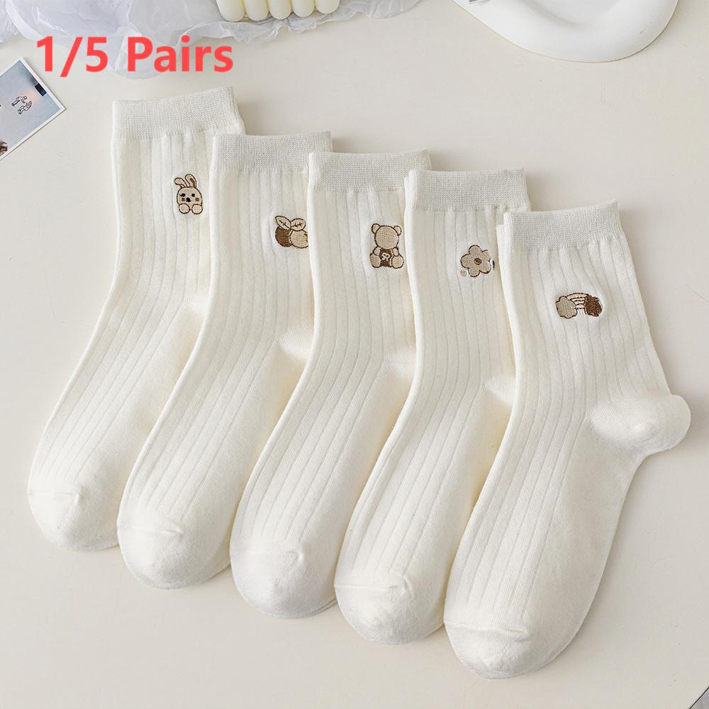 Chaussettes en coton Little Bear pour femme, tube moyen, blanc, empilable, polyvalent, jolie petite fleur, 1/5 paires