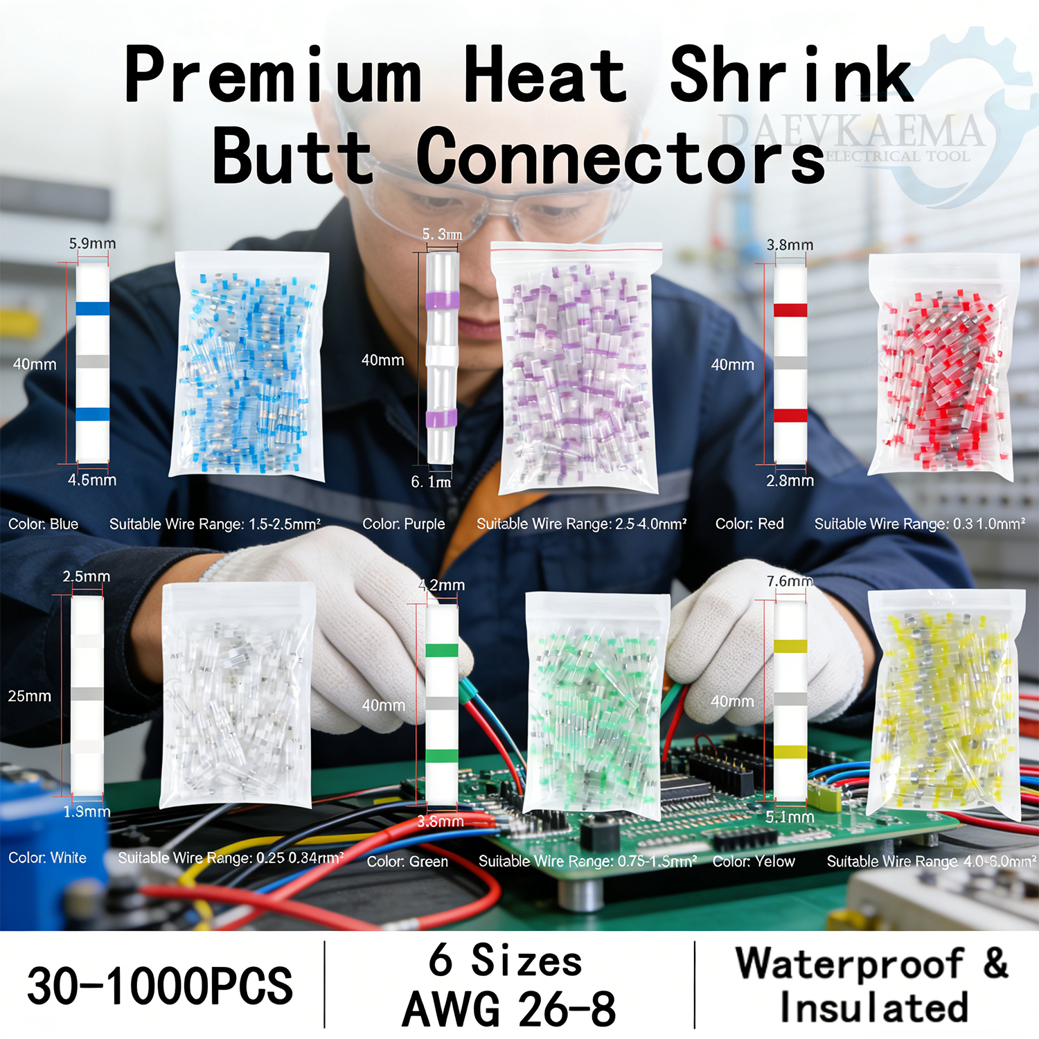 はんだリングシールワイヤー熱収縮バットコネクタ防水絶縁電気端子、30-1000個、6サイズAWG 26-8