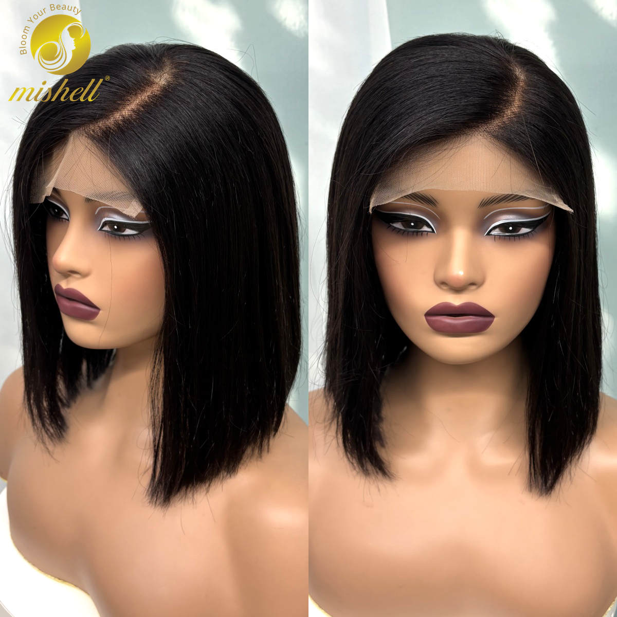 Peluca Bob Corta de Cabello Humano 5x5 con Encaje Frontal, Sin Pegamento, 280% de Densidad, Doble Trama, Liso Extremo, 100% Cabello Humano para Mujer