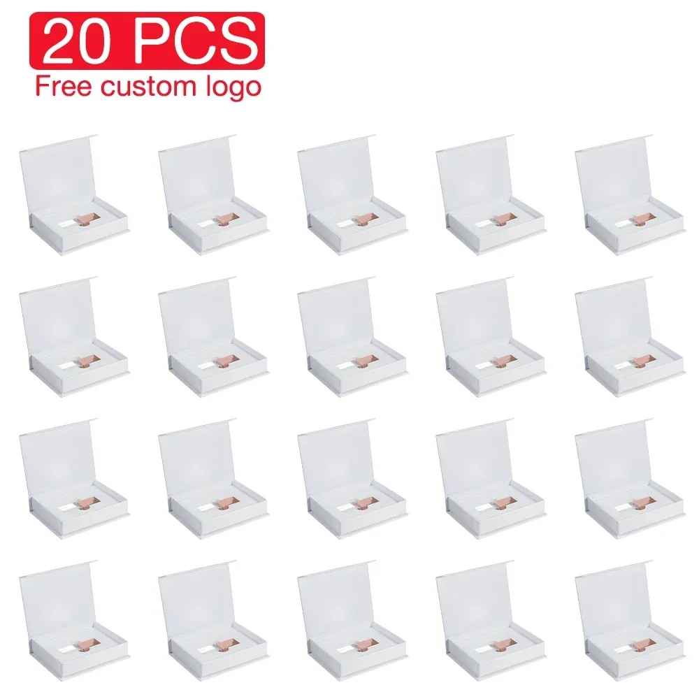 JASTER 20 PCS LOT Crystal Pen Drive 128 Go Boîte Blanche USB Flash Drives 64 Go Logo Personnalisé Gratuit Memory Stick 32 Go 16 Go Cadeau Créatif