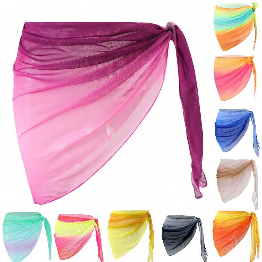 Abito da Spiaggia in Chiffon Corto, Tessuto Trasparente, Sarong Traspirante ad Asciugatura Rapida, Copricostume con Colore Sfumato