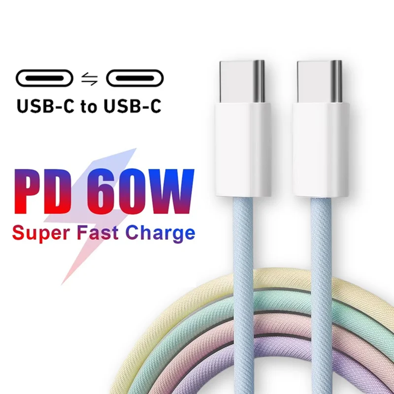 สายชาร์จเร็ว 60W PD USB-C to Type C สำหรับ iPhone 15 16 Pro สายชาร์จสำหรับ Huawei Xiaomi Samsung สายถักหลากสี