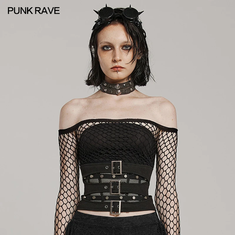 PUNK RAVE Damen Punk-Korsett mit doppellagigem Design und verstellbaren Schlaufen, Party-Schwarzgürtel, Zubehör, schmaler Taillengürtel