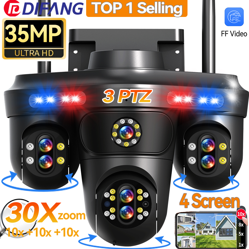 DIFANG-cámara IP WiFi de 35MP, 4 pantallas, 7 lentes, Zoom 10X, cámara de seguridad PTZ inalámbrica para exteriores, seguimiento automático, cámara de vigilancia CCTV Cámara Vigilancia Exterior WiFi para Hogar, Cámara