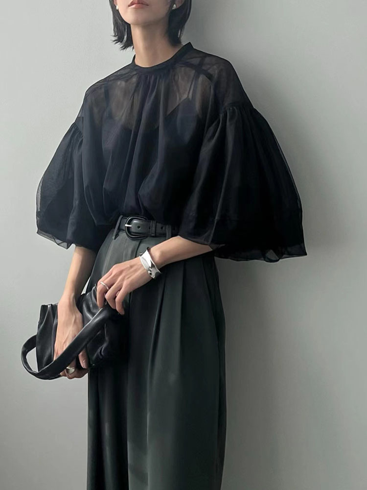 Tweedelige Set Voor Dames Retro Trendy Organza Perspectief Losse Lantaarnmouw Shirt Met Kleine Bretels