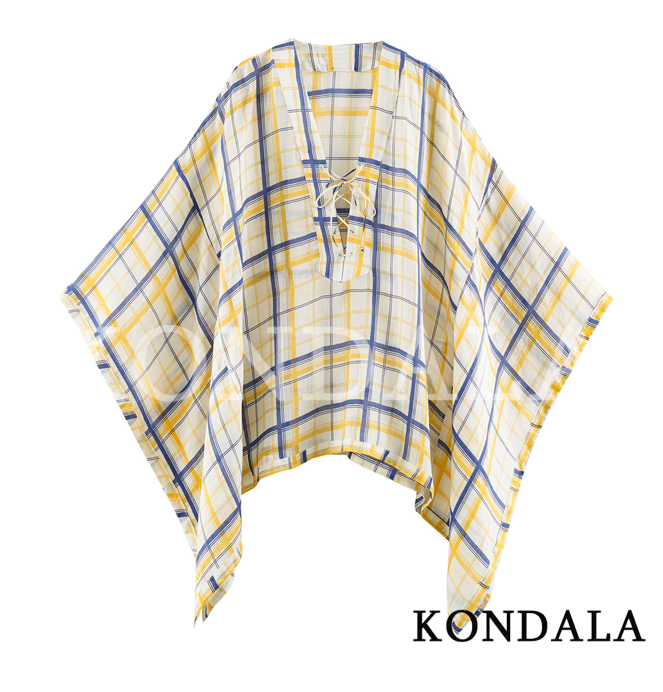 KONDALA Damen Lässige Karierte Lockere Hemden Sommer Strand Urlaub Cape-Stil Hemd 2026 Trendige Elegante Damenhemden mit Schnürkragen