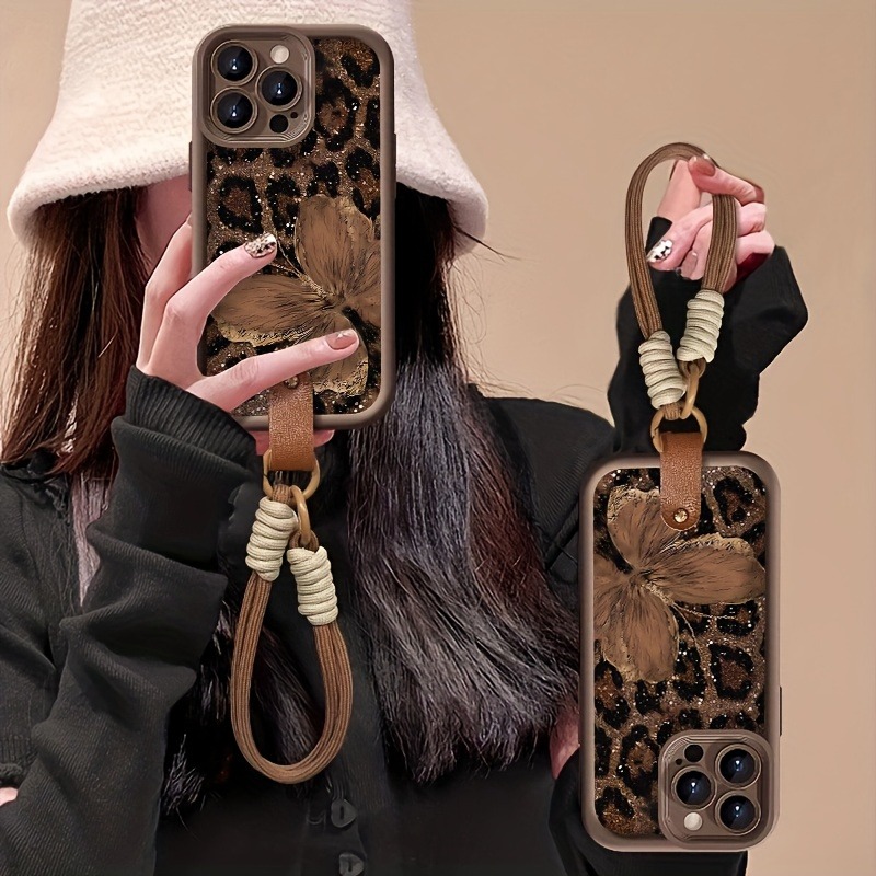 Butterfly Leopard Print Hand Strap Phone Case For iPhone 17 16 15 14 13 12 11 Pro Max 16E XS X XR 7 8 Plus Shockproof Soft Cover
