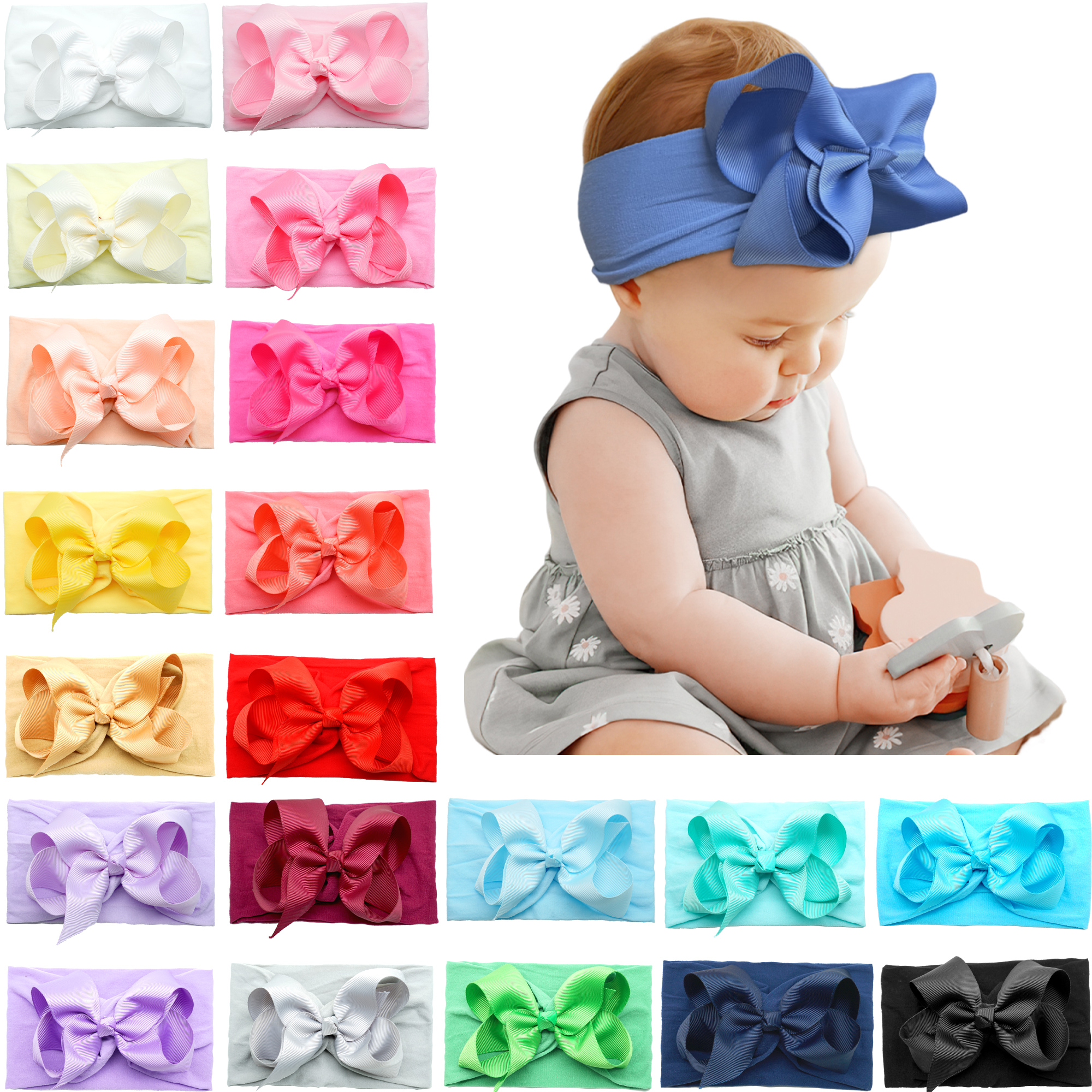 20 Colors Baby Nylon Knotted Headbands Girls Big 4.5 Inches Hair Bows Head Wraps Newborn Infants Toddlers Hairbands
