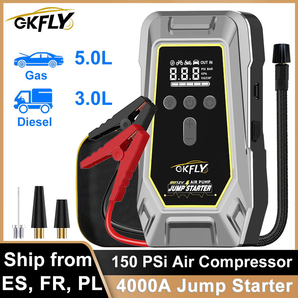 GKFLY 4000A Avviatore di emergenza per auto Compressore d'aria portatile Power Bank 150 PSi Gonfiatore per pneumatici Avviamento batteria portatile automatico per auto