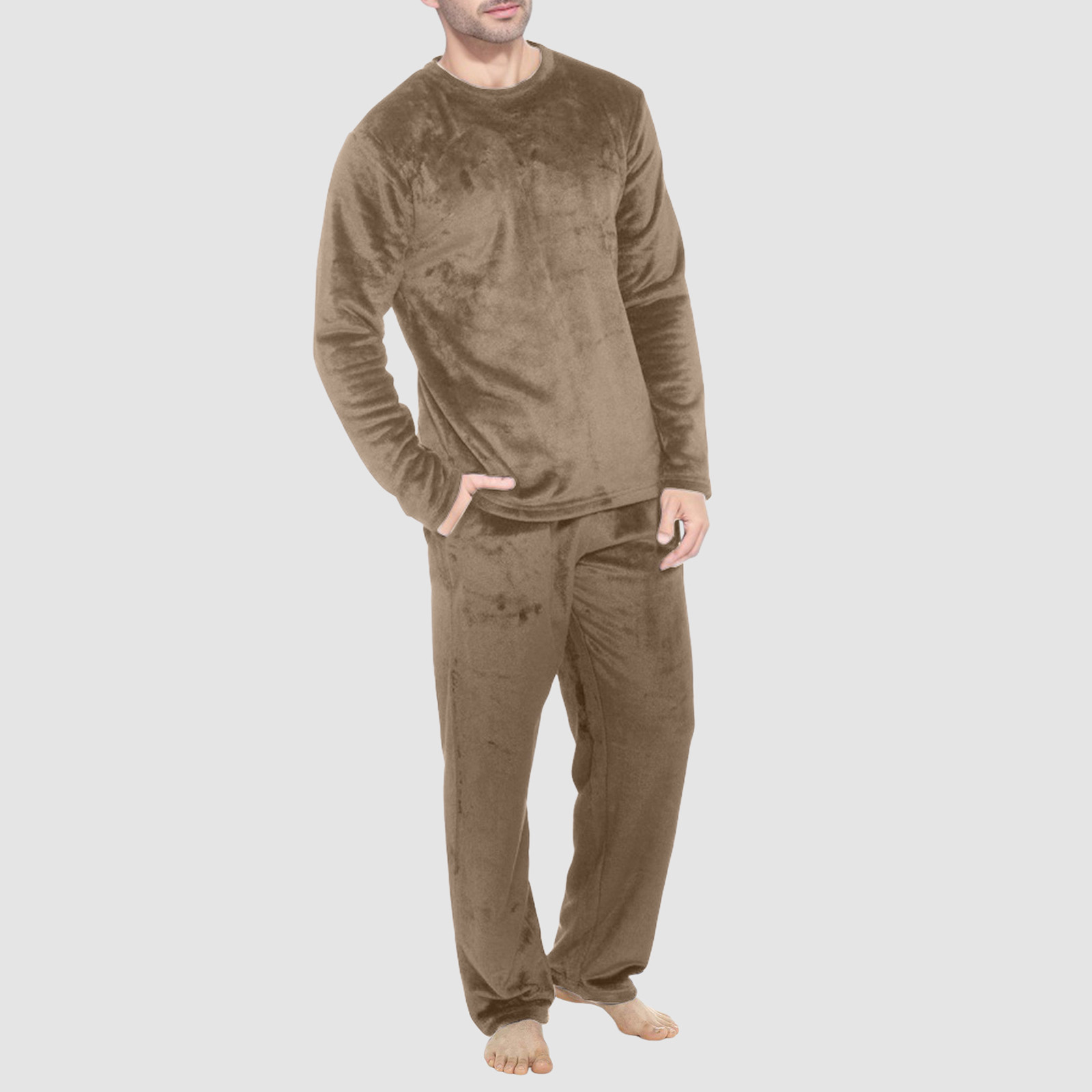 Męska jesienno-zimowa ciepła aksamitna piżama w jednolitym kolorze z polaru 2-częściowy zestaw z długim rękawem Pullover Tops+Pants Sets