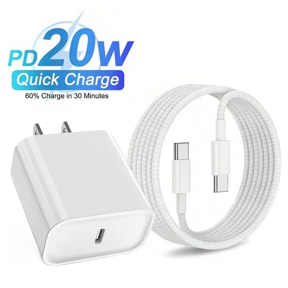 Set di caricabatterie rapido PD da 20 W Adattatore da parete USB-C con cavo intrecciato tipo C da 3,3 piedi per iPhone 17 16 15 Pro Max Plus iPad Samsung Xiaomi