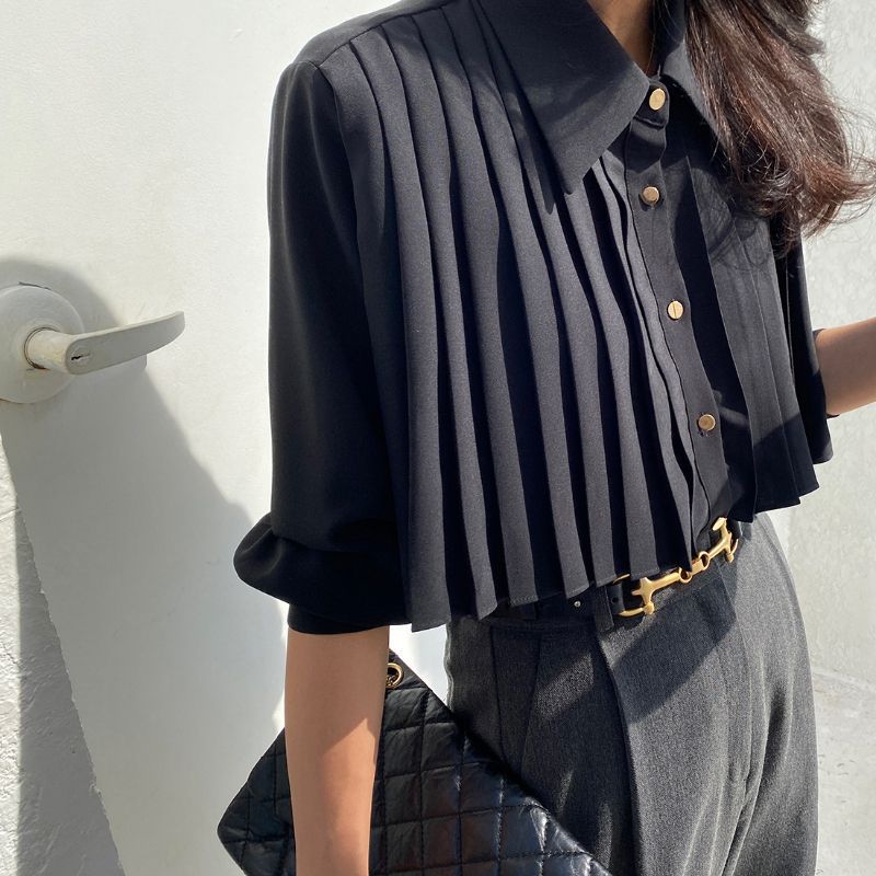 Heavy Industry Niche POLO geplooid zwart overhemd Koreaanse versie voor dames, lenteontwerp, kort overhemd, veelzijdige top met hoge taille