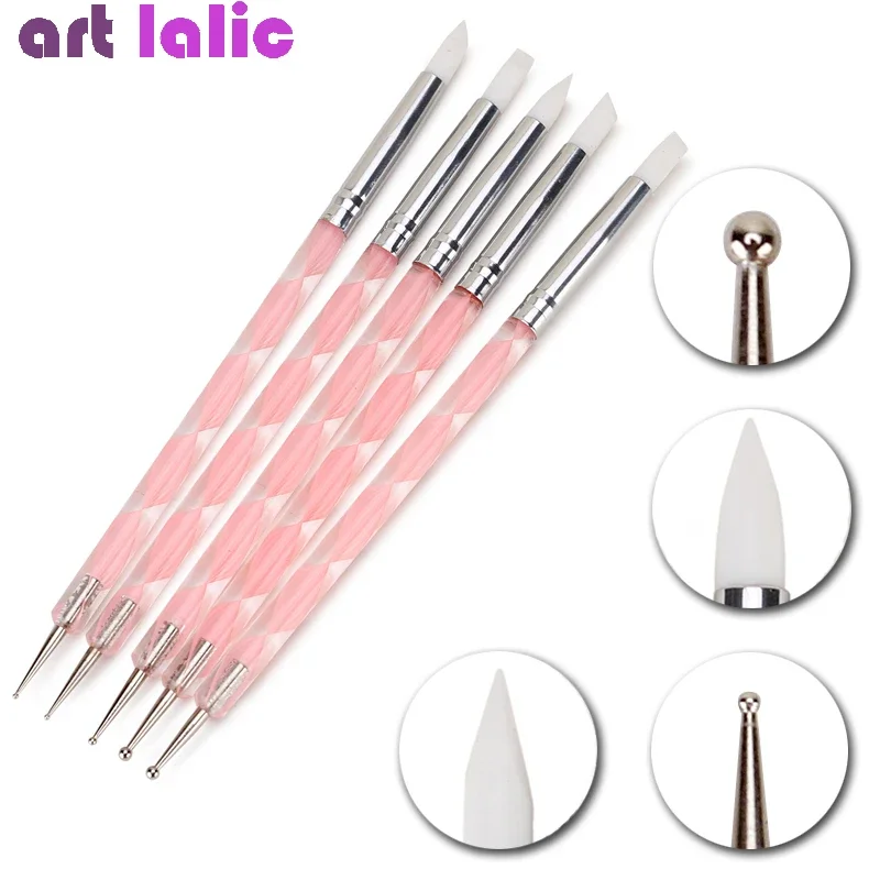 5 Stücke 2 Weg Nail art Acryl Silikon Punkt Blume Nagelstift Edelstahl Punktierung Werkzeuge Marbleizing Malerei Stifte