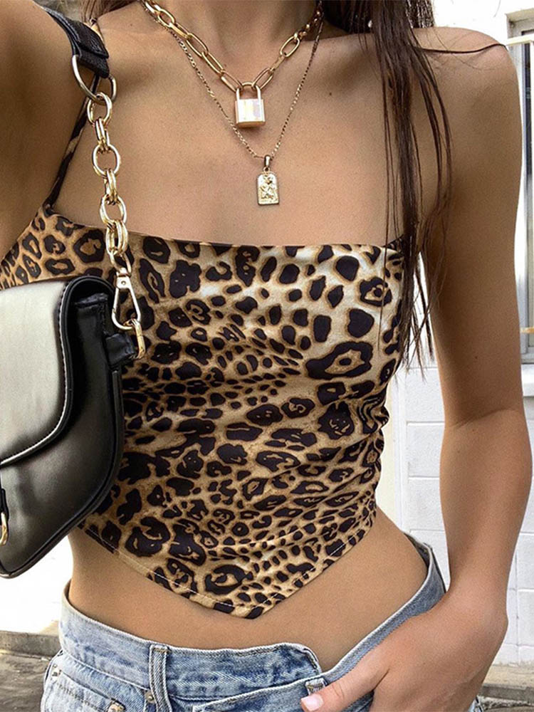 Leopardo padrão feminino tank tops sem costas sexy rave outfits sem mangas cruz rendas até bralette colheita topo verão streetwear