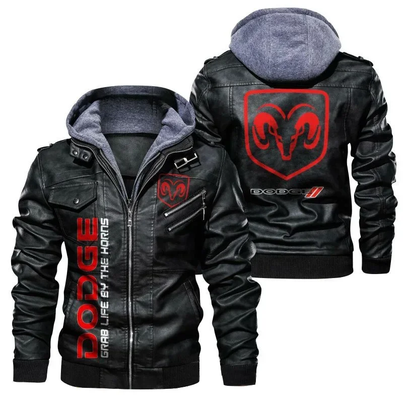 New Autumn Winter Leather Dodge Logo Men's Jacket Removable Hoodied Motorcycle Jacket Men Leather Mens Jackets  8187
