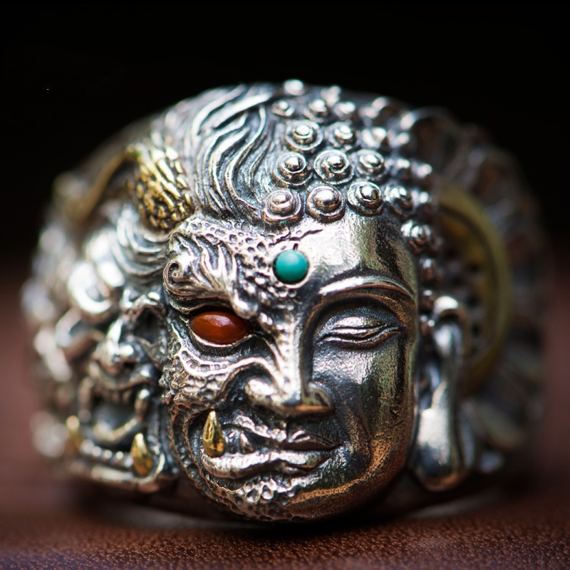 Cincin Iblis Buddha dua sisi mendominasi untuk pria, perhiasan cincin batu akik Vintage Aksesori jimat berkat pria