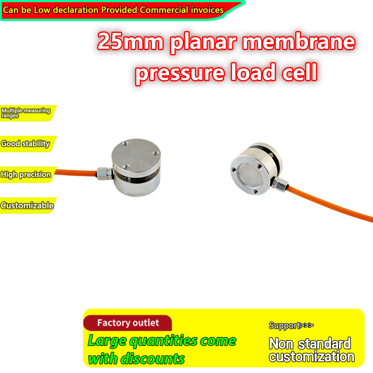 25 mm compressiesensor met plat diafragma, 1,0-2,0 mV/V, 5-10 V excitatie, 10 kHz respons